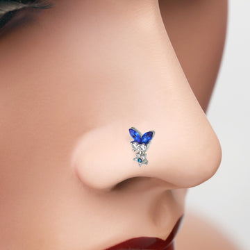 Detail View 1 of Royal Blue Butterfly Sparkle Dangle Flower Nose Stud Ring-Clear Gem/Blue